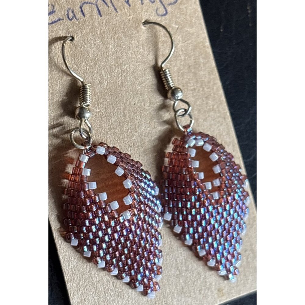 Handmade Beaded Peyote Leaf Earrings White Dangle Boho Artisan Crafted‎